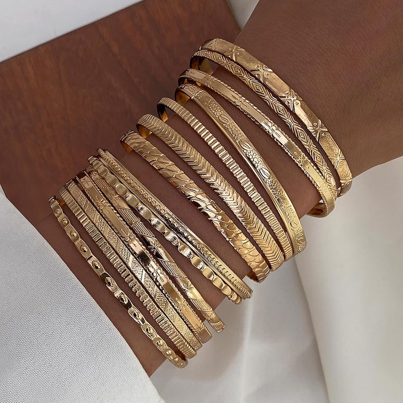 17IF Gold Bangle Bracelet For Women, 14k Multilayer Charm Textured Stackable Bracelets Boho Indian Chunky Cuff Fashion Jewelry Gift - Image 4